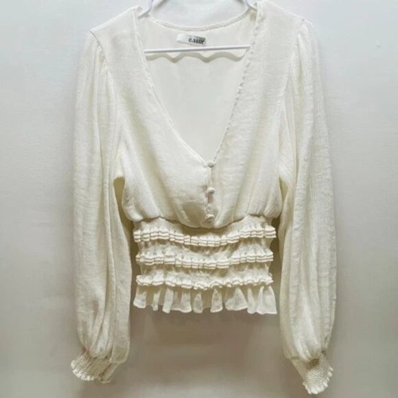 E. Ssue Smocked Waist Blouse Women's Large White Long Sleeve V-Neck Boho EUC - Picture 1 of 6